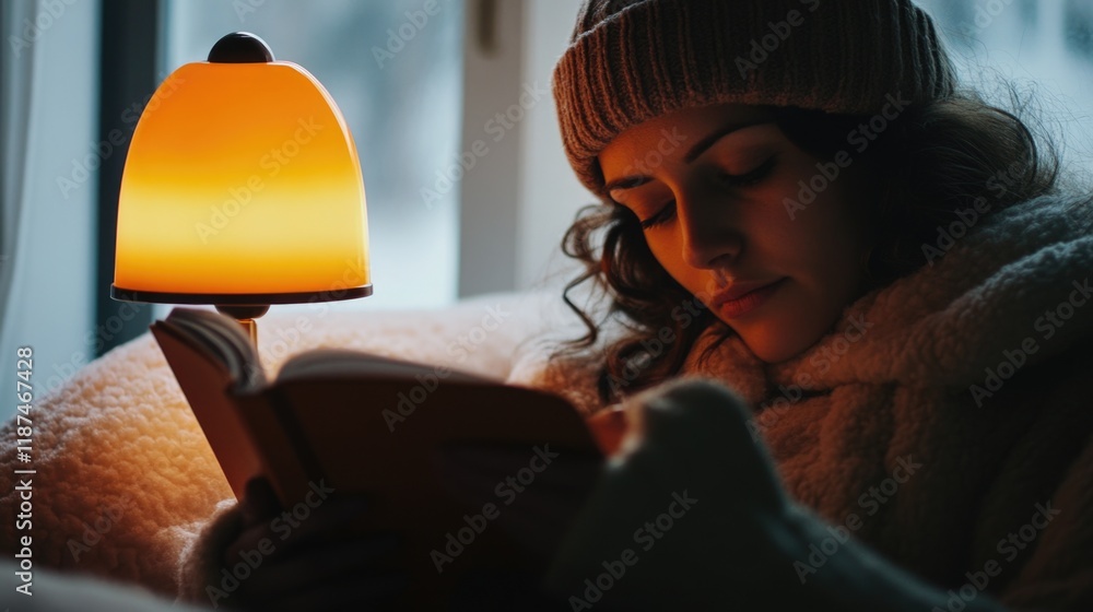 Poster a person reading a book in a comfortable setting, suitable for use in articles about relaxation and 