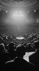 Obraz premium Dramatic theater stage with rows of seats and a large audience gathered in a dimly lit monochrome auditorium setting captivated by the performance or event taking place under the bright spotlights