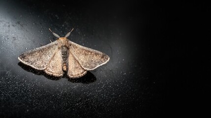   A black moth in focus on water-stained background