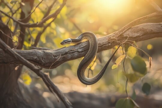 A serene image of an African python coiled around a tree branch