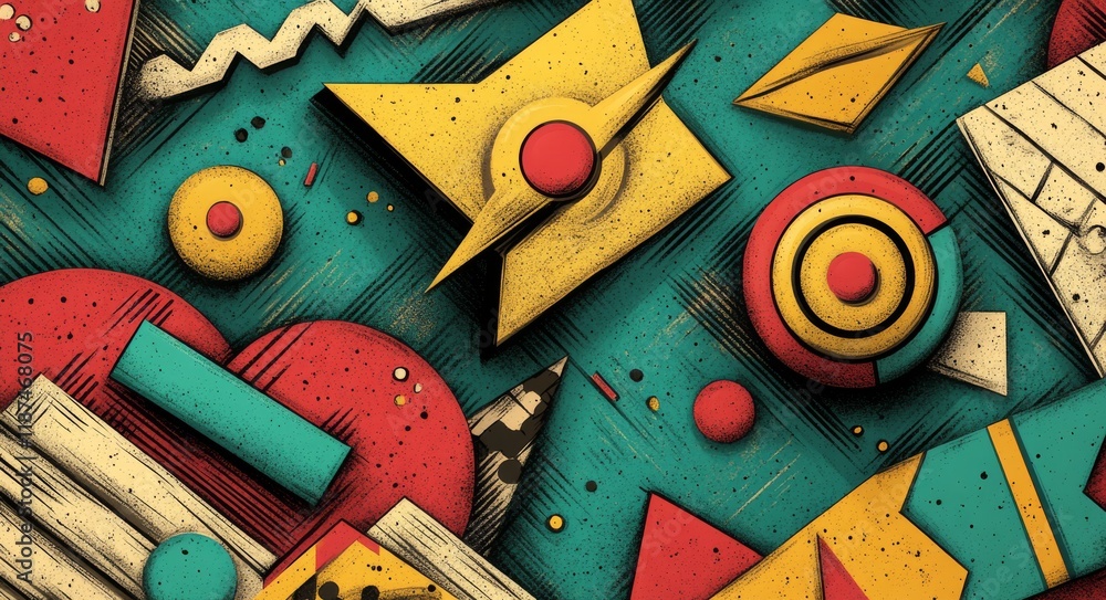 Poster abstract pop art color paint splash pattern background with a modern overlay of trendy memphis 80s-9