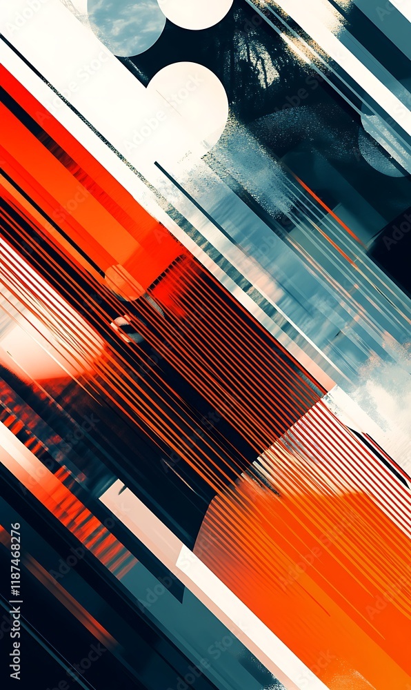 Poster bold orange and blue lines crossing each other, highlighted by translucent circles and abstract shap