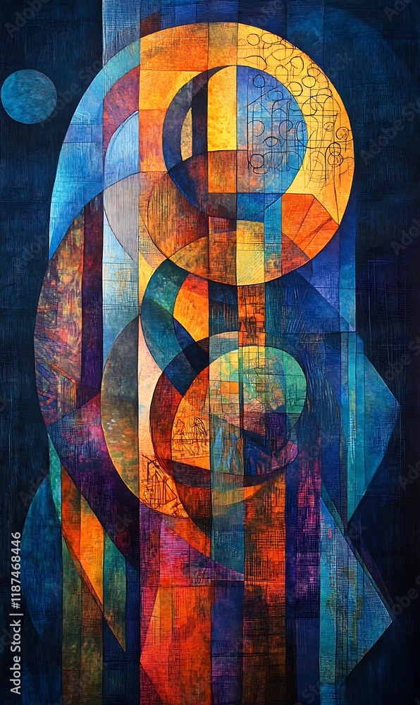 Poster bold orange and blue lines crossing each other, highlighted by translucent circles and abstract shap