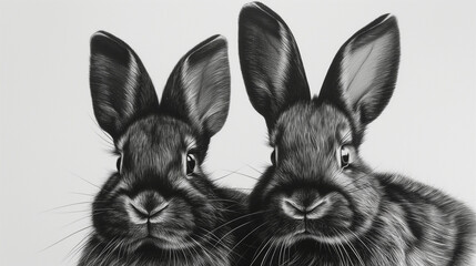 Obraz premium Two rabbits in black and white, looking gently at the viewer, on a blank background