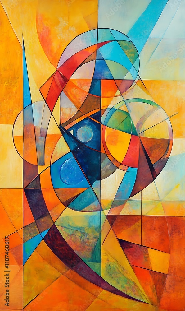 Poster intersecting diagonal lines in orange and blue tones, layered with soft shapes and round accents.