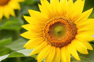 Fototapeta premium Bright sunflower close-up with vibrant yellow petals and green background. gardening and nature concepts