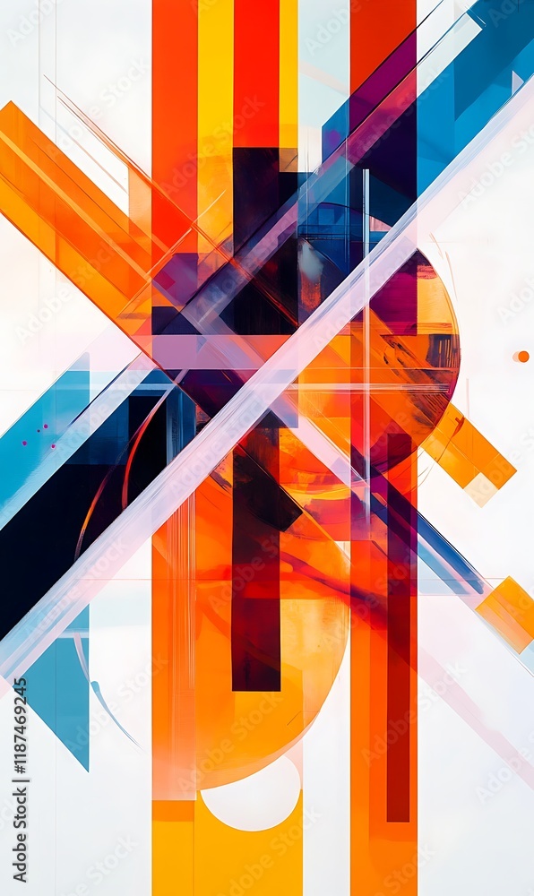 Poster vibrant diagonal lines in warm oranges and cool blues, intersected by translucent geometric shapes a