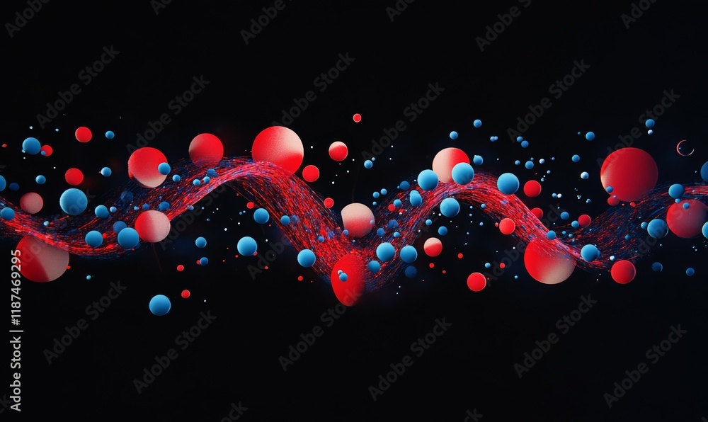 Poster abstract representation of a dna double helix with red and blue particles