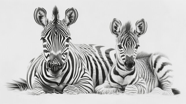 Mother zebra and her foal resting together in a detailed black and white illustration with copy space