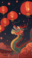 Obraz premium Illustration of a vibrant dragon surrounded by red lanterns, cherry blossoms, and fireworks, symbolizing Lunar New Year traditions, ideal for cultural campaigns, holiday marketing, and event promotion