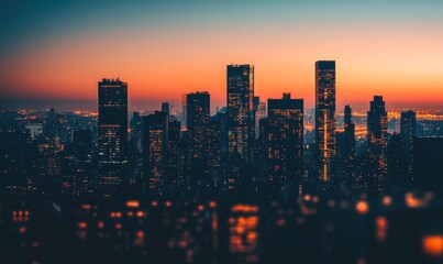 Fototapeta premium Cityscape Silhouette At Sunset With Illuminated Buildings