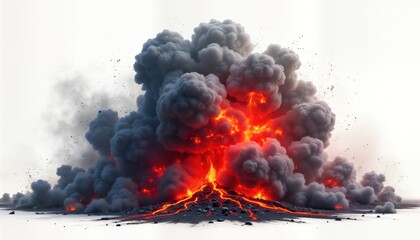 Massive explosion erupts from volcano spewing hot lava and dark smoke. Fiery eruption blasts from a volcanic crater. Destruction and power are evident. Powerful explosion. Danger.
