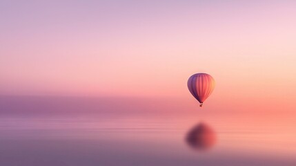 Obraz premium A hot air balloon soars above water as the sun sets behind pink and purple skies