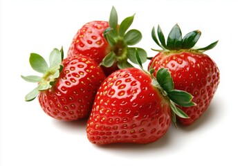 Close-up of fresh strawberries with green leaves on white background. healthy eating and food marketing