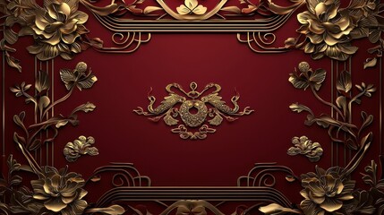 Elegant Decorative Red and Gold Wallpaper with Floral Elements