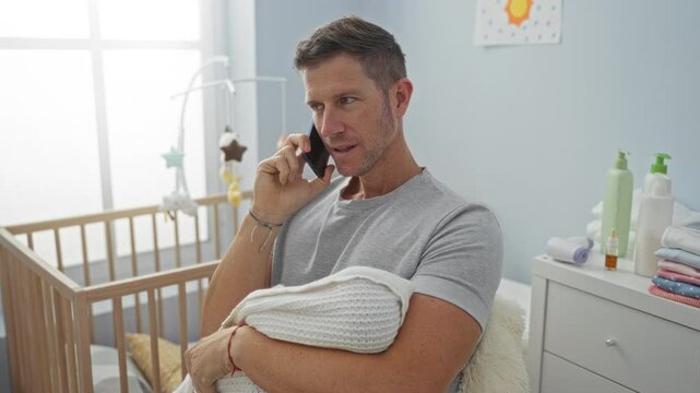 Man holding baby while talking on phone in cozy bedroom with crib and baby essentials around, portraying a tender indoor home scene.