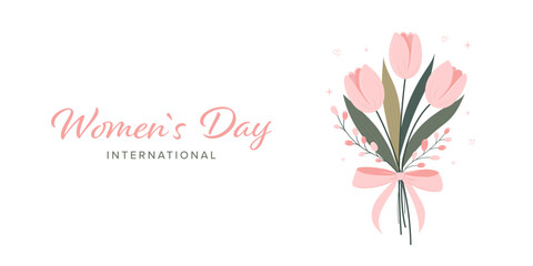 Greeting banner for women's day with bouquet of pink tulips. Spring flowers. Flat vector illustration.