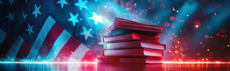Conceptual image depicting the American education system featuring a stack of academic textbooks under the backdrop of the patriotic American flag symbolizing the values of knowledge learning