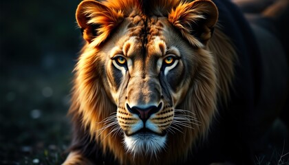Naklejka premium Majestic lion portrait closeup. Fierce lion face emerges from darkness. Mane backlit. Eyes gleam with intensity. Powerful predator in wild nature. Closeup view of king of jungle. Strong animal with