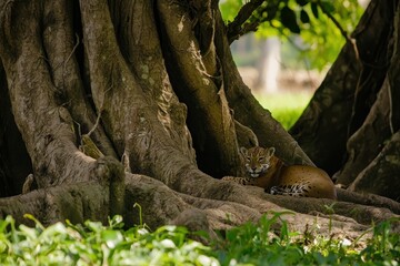 Obraz premium A serene scene of a jaguarundi resting in the shade of a tree in the Brazilian Pantanal.