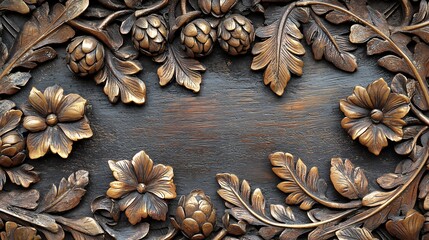 Fototapeta premium Intricate Wooden Carving: Floral Design on Dark Background