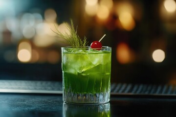 Refreshing Green Cocktail Garnishes With Dill And Cherry