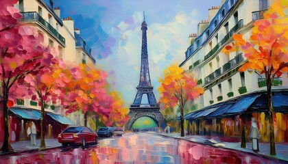 Majestic Oil Painting A Glimpse of Parisian Street Scenery Bathed in Soft Light and Colors at Dusk