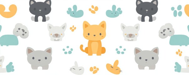 Obraz premium Cat poster featuring a seamless pattern of cartoon cat characters in various poses and expressions, designed in a flat, simple color style