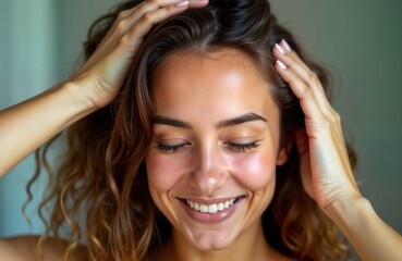 Young woman with curly hair applying hair oil to scalp. Massaging scalp gently with hands. Hair care routine at home. Promoting healthy hair growth, prevention of hair loss. Relaxed, happy facial