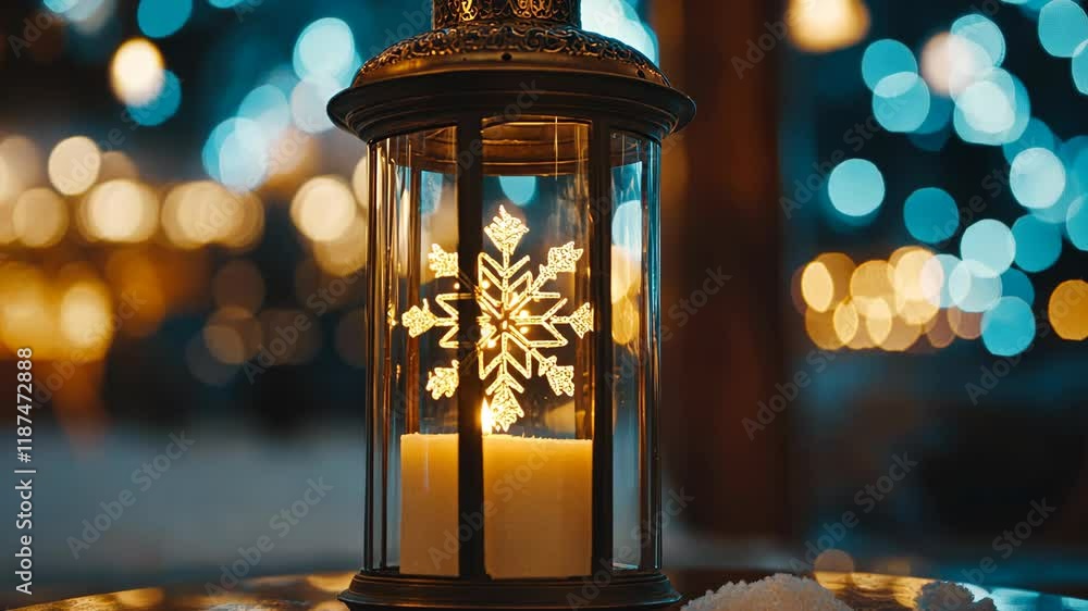 Poster decorative lantern illuminating a snowy scene with festive bokeh lights in the background during win