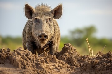 Common Warthog on Mound in Tanzania Safari. African Herbivore Pig in Nature