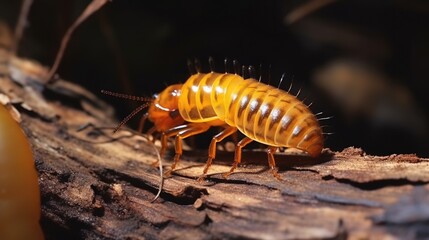 Fototapeta premium Cubaris Amber Ducky Isopod on Bark: Macro Shot of a Crustacean in the Deep Forest - 16:9 ratio