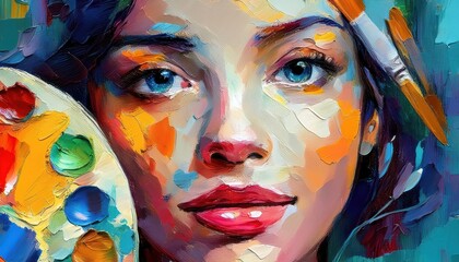 Vibrant Oil Portrait Painting A Multicolored Abstraction of a Beautiful Girl in Five Stunning Tones