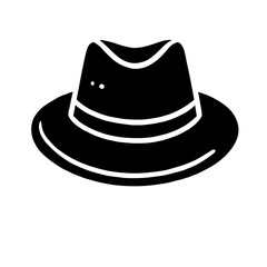 Classic Fedora Hat Icon: A timeless silhouette of a fedora hat, rendered in bold black against a white background. This simple yet elegant design is perfect for fashion illustrations, website icons.