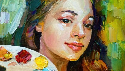 Vibrant Oil Portrait in Multicolored Tones Captivating Abstraction of a Gorgeous Female Subject, showcasing an array of Striking Hues and Intricate Textures