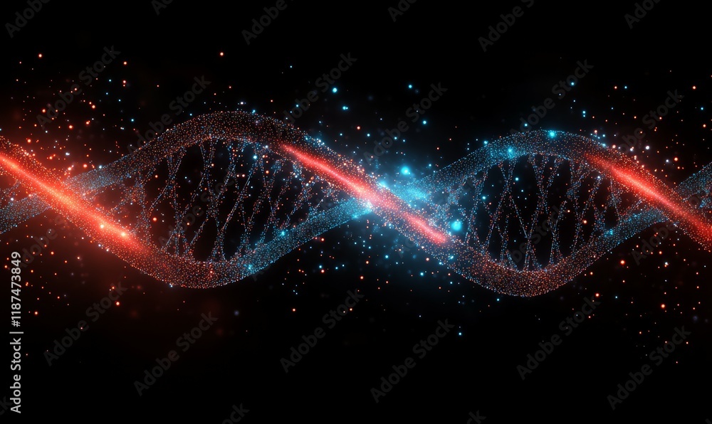Poster abstract representation of a dna double helix with red and blue particles