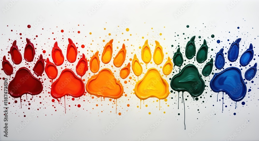 Poster colorful paw prints in rainbow colors painted on white background. different shades of paint create 