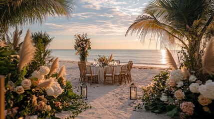 Fototapeta premium A Table Set up for a romantic meal on the beach with lanterns and chairs and flowers with palms and sky and sea in the background
