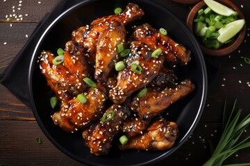 Dark Rustic Table Style | Grilled Teriyaki Chicken Wings with Black Sesame, Lime, and Spicy Seasoning. Top-View Flat Lay Image