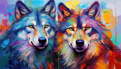 Naklejka premium Vibrant Multicolored Portrait of Conceptual Wolves Amidst an Abstract Landscape A Majestic Display of Oil Painting Artistry