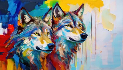Vibrant Multicolored Portrait of Conceptual Wolves amidst an Abstract Oil Landscape
