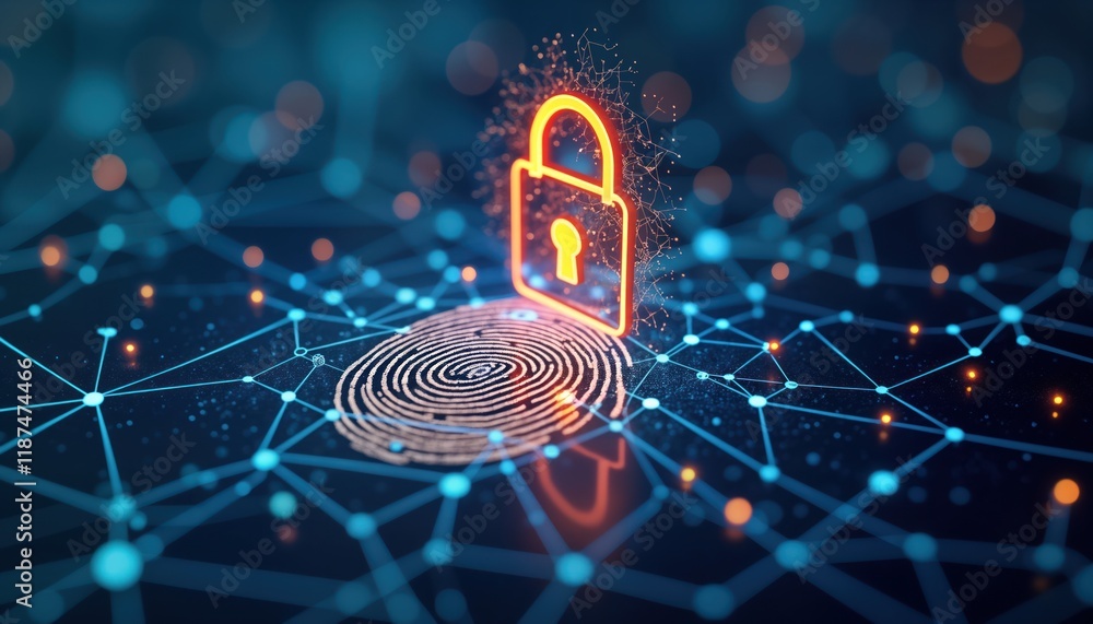 Poster Digital fingerprint superimposed on network data protection background. Padlock icon floats above digital fingerprint. Image represents personal data protection, cybersecurity in modern technology.