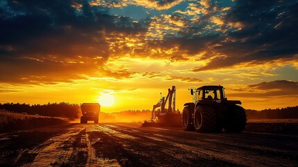 Obraz premium Silhouette of Cranes at Sunset in Construction Landscape Scene