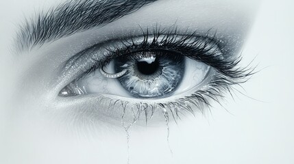 Close-up of a woman's eye with tears, artistic rendering in grayscale.