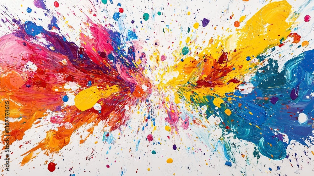 Poster vibrant splashes of color create an energetic abstract artwork on a white canvas in a creative studi