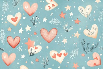 Hand-drawn cartoon hearts and stars scattered on a blue background, whimsical style