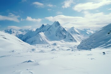 Snow-covered mountain landscape under a bright blue sky with scattered clouds in the winter season
