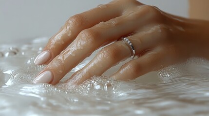 Fototapeta premium Close-up of a woman's hand with a ring in soapy water.