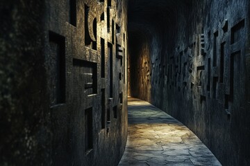 Ancient stone corridor with carved symbols and light
