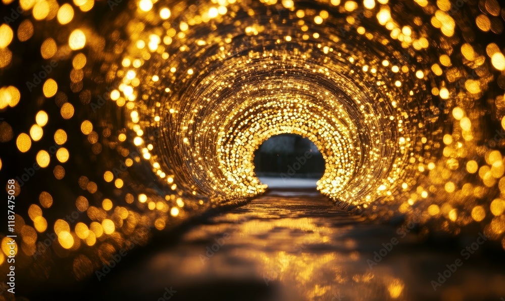 Wall mural Abstract swirling golden lights in a dark tunnel